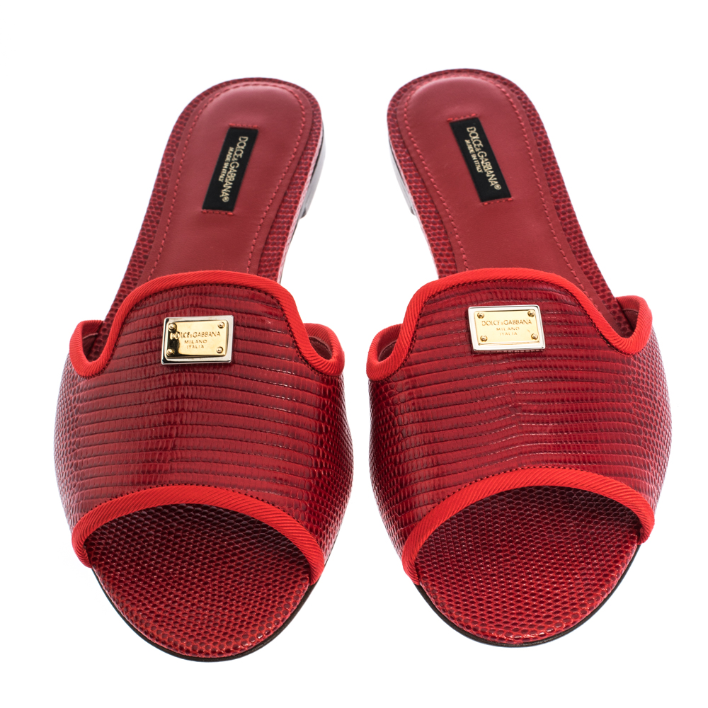 

Dolce & Gabbana Red Lizard Embossed Leather Flat Slides Size