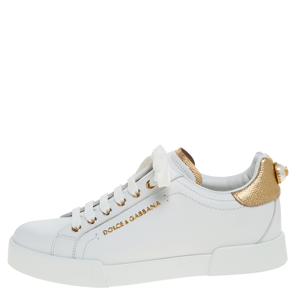 

Dolce & Gabbana White/Gold Leather Portofino Pearl Embellished Low Top Sneakers Size