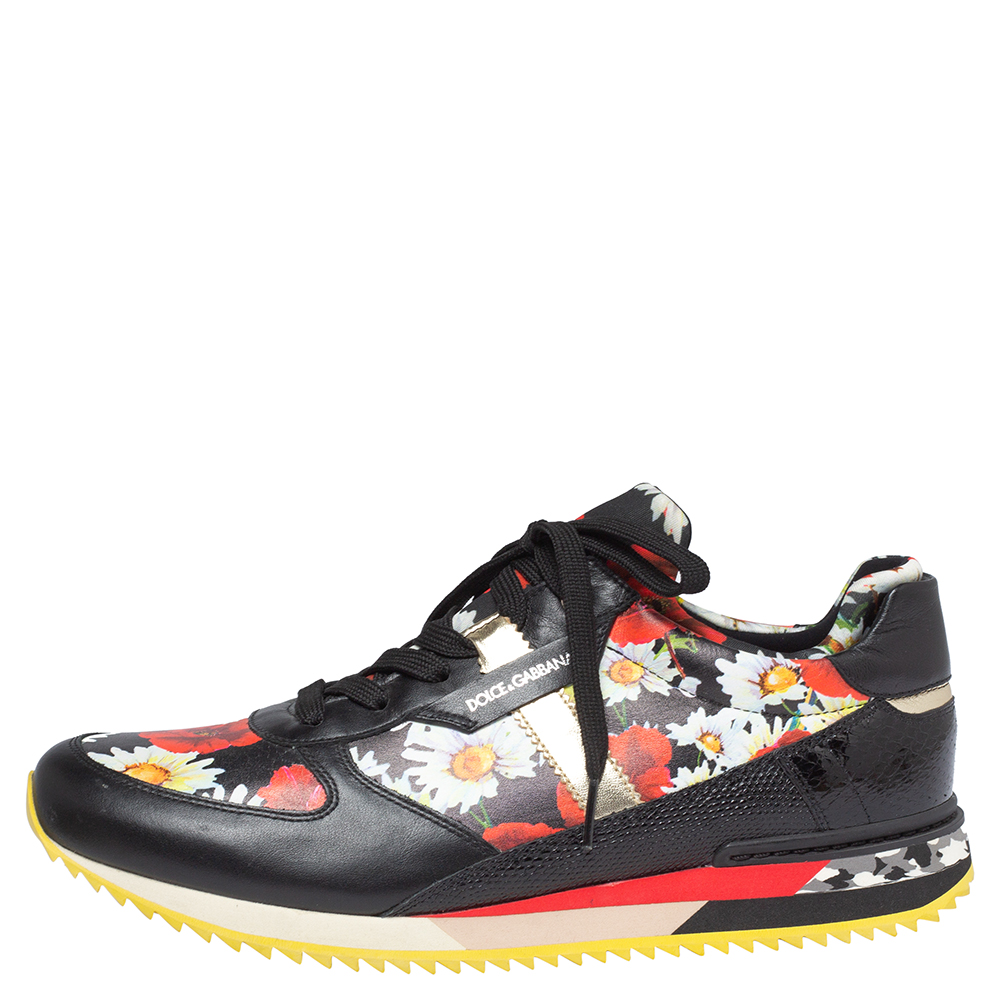 

Dolce and Gabbana Black Poppy Print Leather, Snake and Lizard Trim Nigeria Sneakers Size