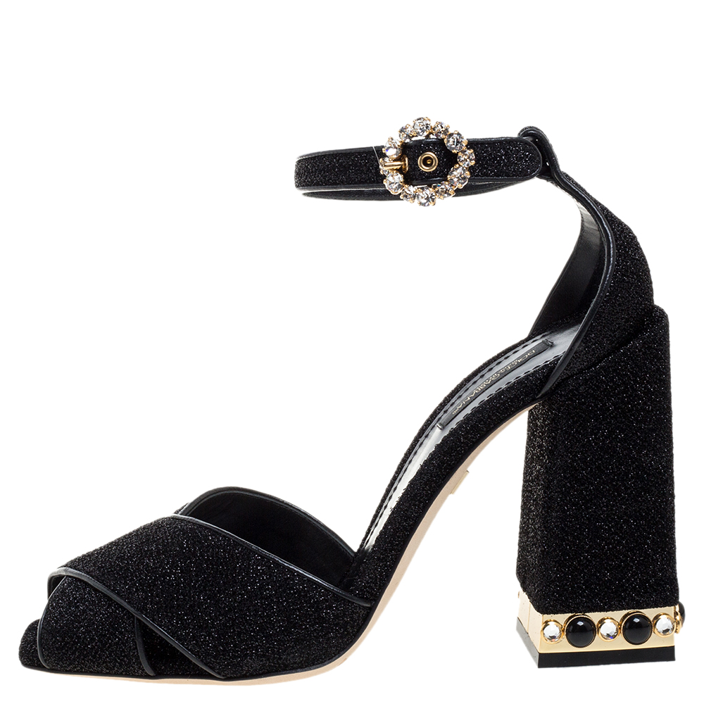 

Dolce & Gabbana Black Fabric Crystal Embellished Block Heel Sandals Size