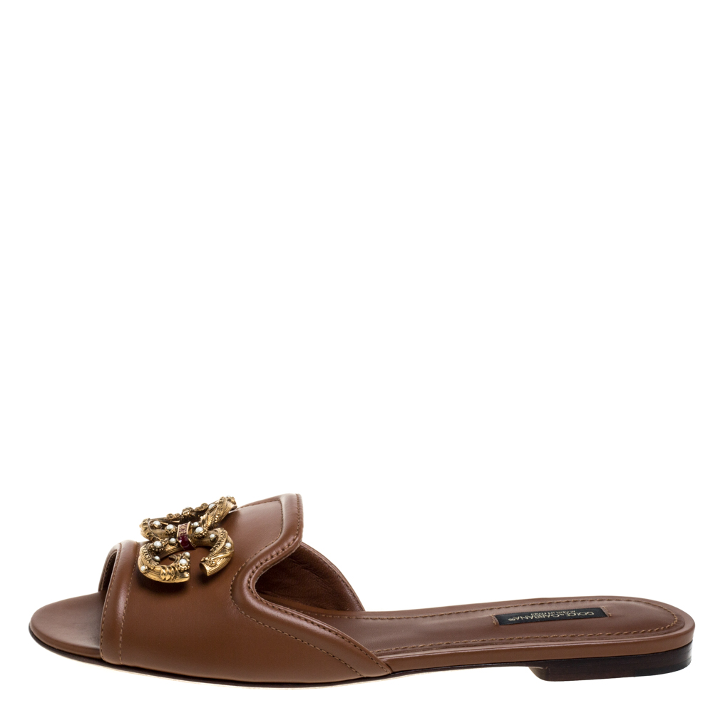 

Dolce & Gabbana Brown Leather DG Amore Flat Slides Size