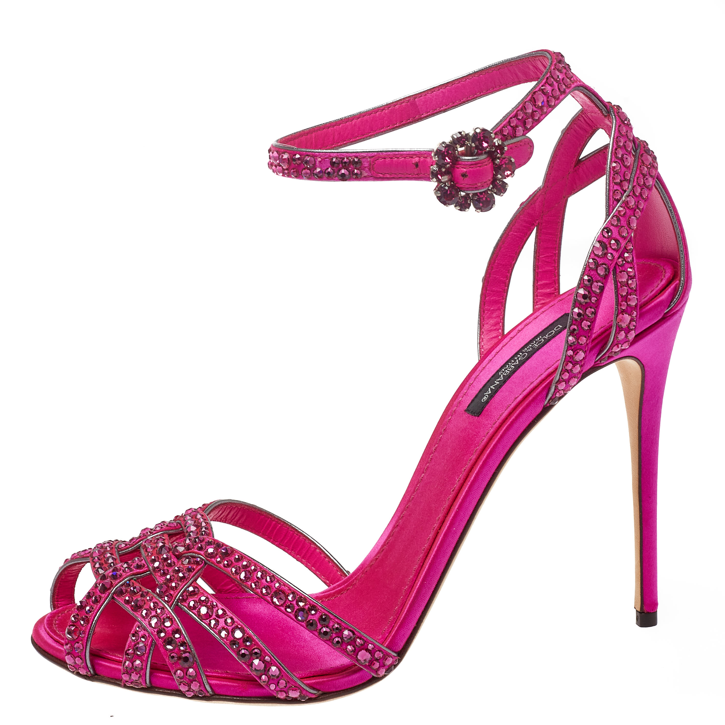 

Dolce & Gabbana Pink Satin Crystal Embellished Ankle Strap Sandals Size
