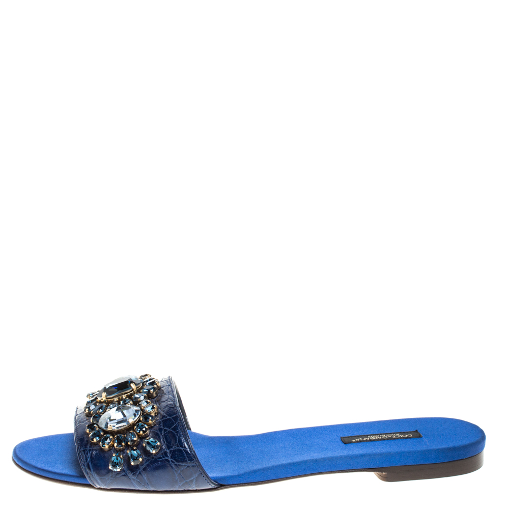 

Dolce & Gabbana Blue Crocodile Embossed Leather Crystal Embellished Slip On Sandals Size