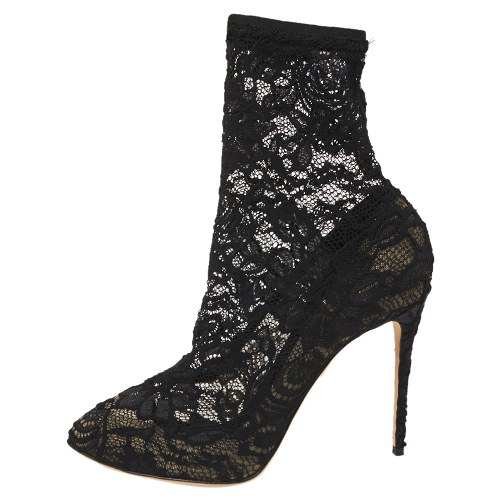 

Dolce & Gabbana Black Stretch Lace Pointed Toe Ankle Booties Size