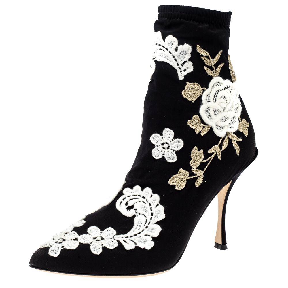 

Dolce & Gabbana Black Jersey Flower Embroidered Stretch Booties Size