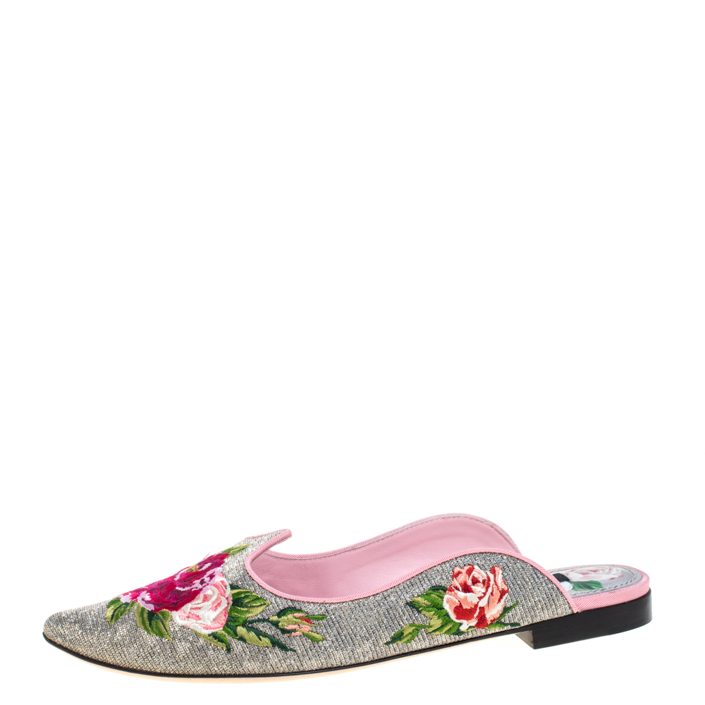 

Dolce & Gabbana Silver Rose Embroidered Lurex Fabric Aladino Peony Mules Size