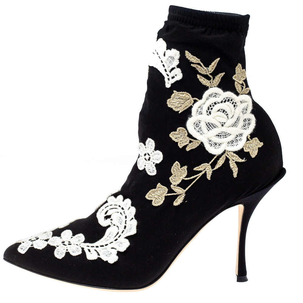 

Dolce & Gabbana Black Jersey Flower Embroidered Stretch Booties Size