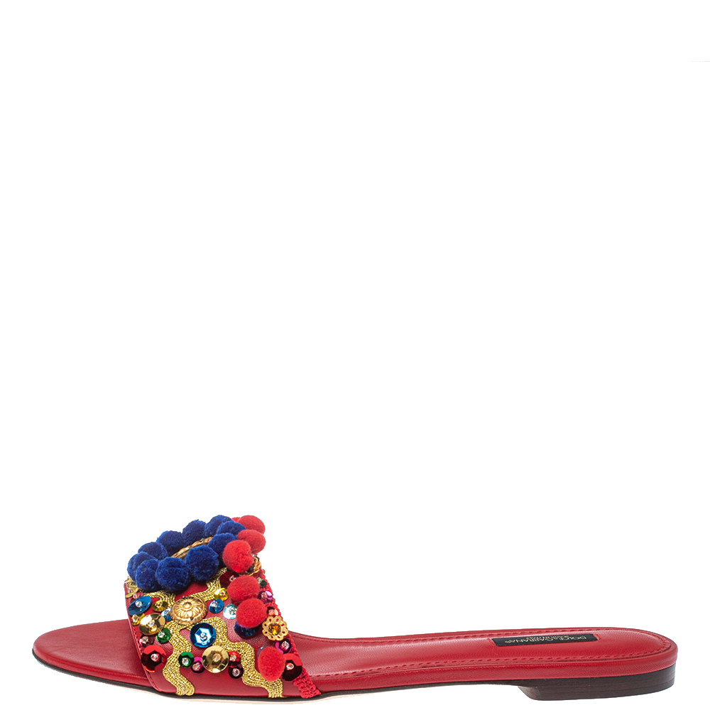 

Dolce & Gabbana Red Leather Pom Pom And Mirror Embellished Flat Sandals Size