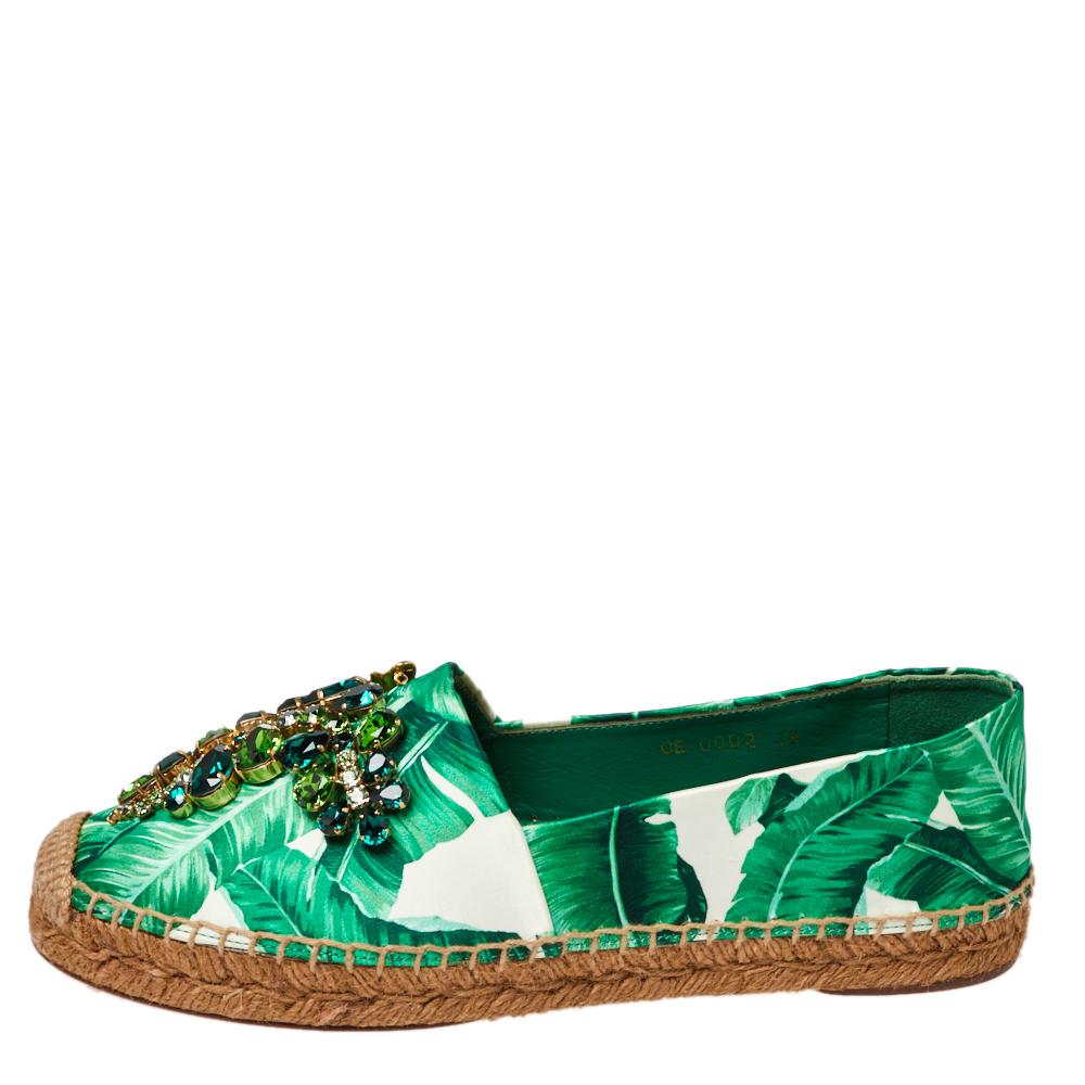 

Dolce & Gabbana White/Green Leaf Print Satin Embellished Flat Espadrilles Size