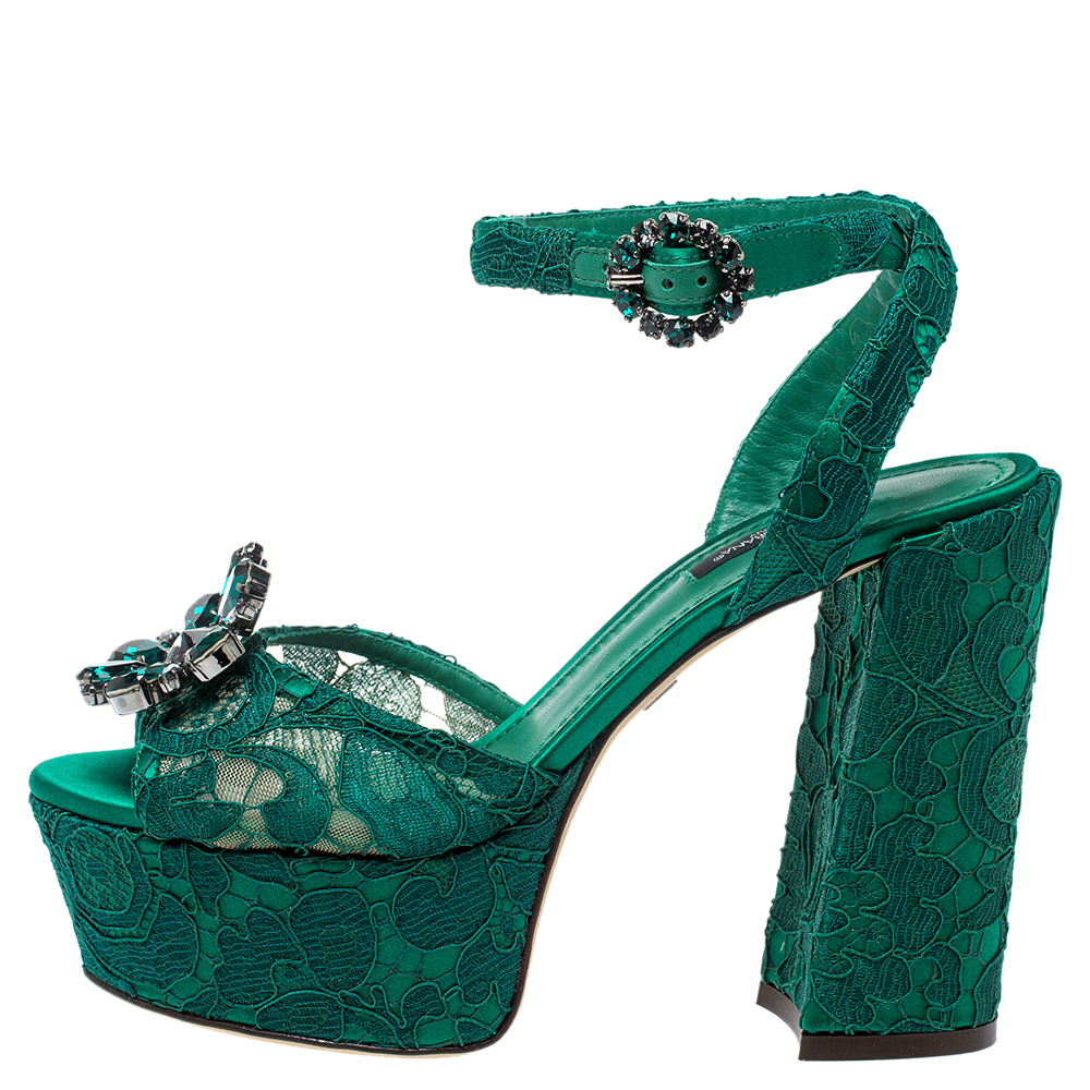 

Dolce & Gabbana Green Lace Keira Embellished Platform Sandals Size