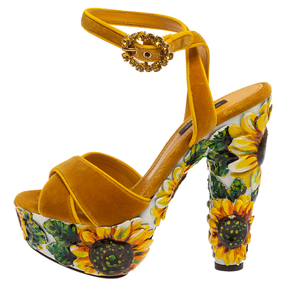 

Dolce & Gabbana Yellow Sunflower Velvet Pottery Platform Sandals Size