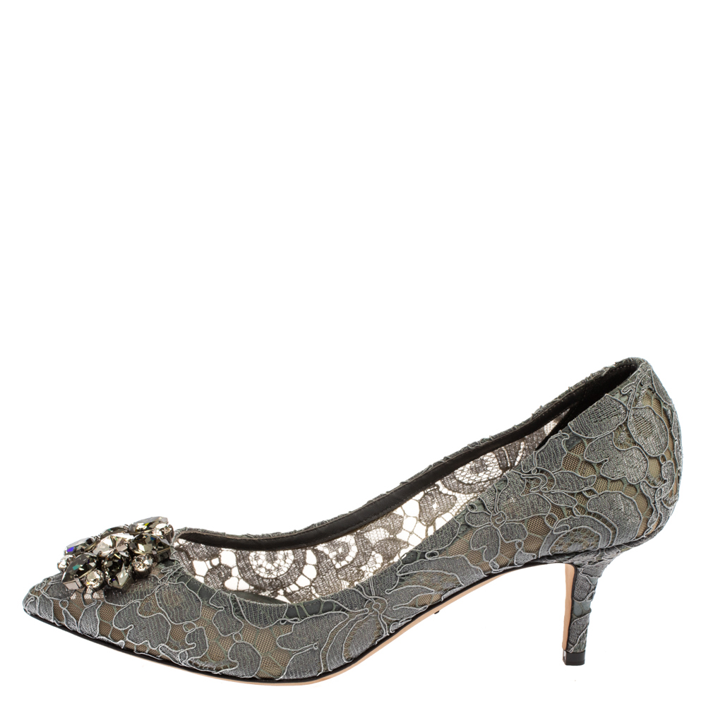 

Dolce & Gabbana Grey Lace Bellucci Crystal Embellished Pointed Toe Pumps Size