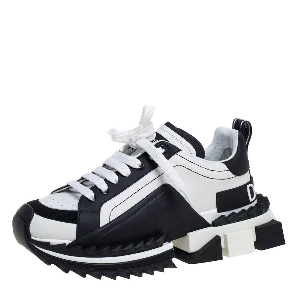 Pre-owned Dolce & Gabbana Black/white Leather And Suede Super King Sneakers Size 40