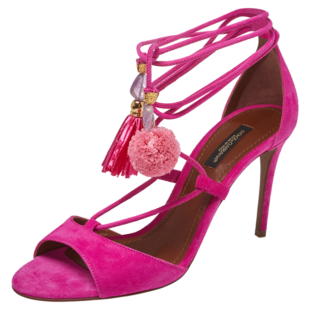 Pre-owned Dolce & Gabbana Pink Suede Pom Pom Tassel Ankle Wrap Sandals Size 36.5