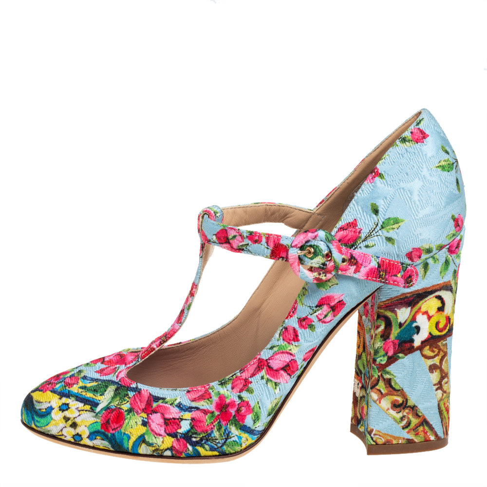 

Dolce & Gabbana Blue Floral Print Fabric T-Strap Pumps Size