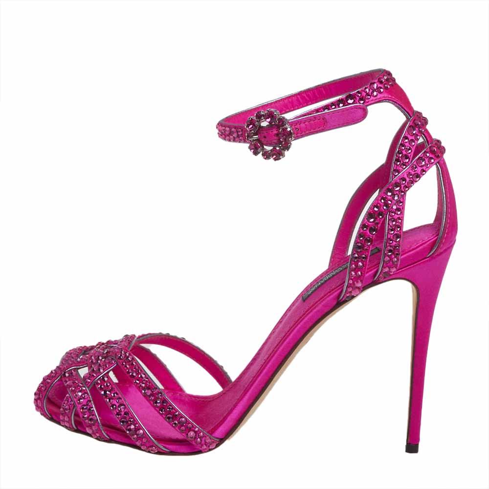 

Dolce & Gabbana Pink Satin Crystal Embellished Ankle Strap Sandals Size