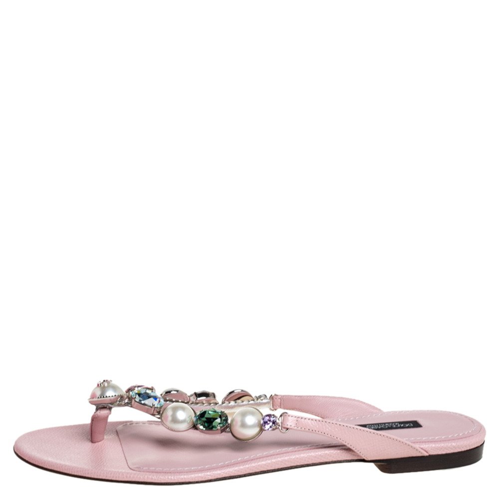 

Dolce & Gabbana Pink Leather Crystal Embellished Thong Flat Sandals Size
