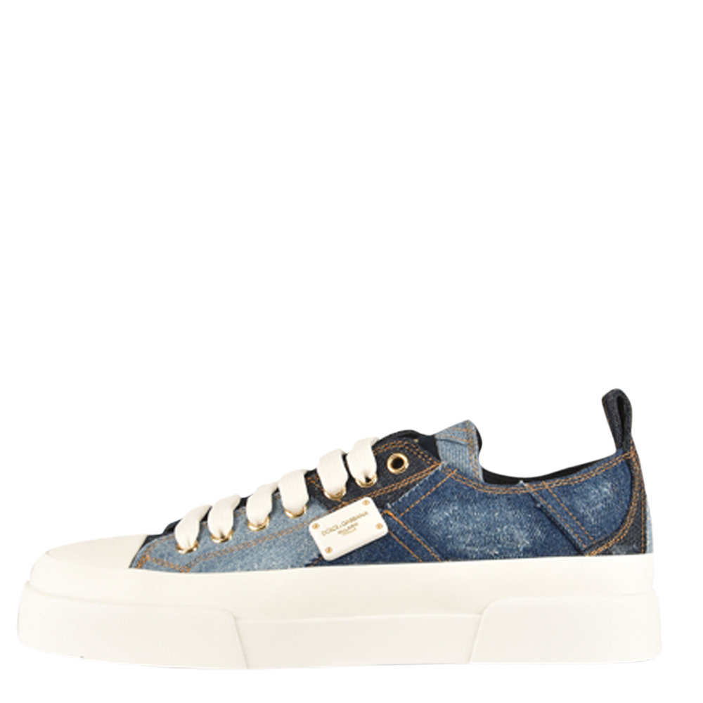 Pre-owned Dolce & Gabbana Blue Denim Patchwork Portofino Sneakers Size 38