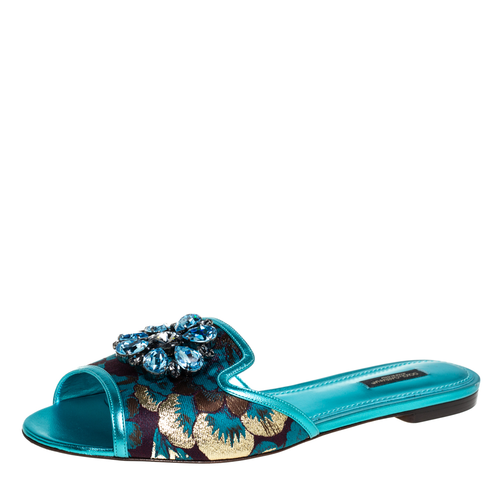 Pre-owned Dolce & Gabbana Metallic Blue Brocade Fabric And Leather Sofia Crystal Embellished Flat Slides Size 41