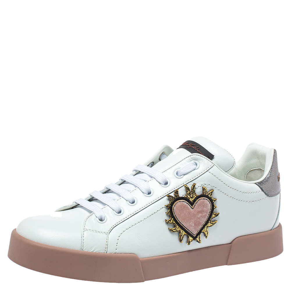 Pre-owned Dolce & Gabbana White Leather Love Applique Portofino Low Top Sneakers Size 41