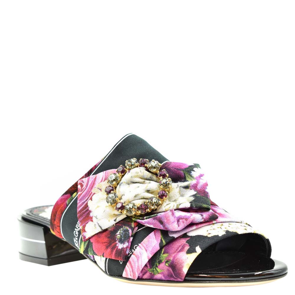 

Dolce & Gabbana Multicolor Floral Printed Fabric Crystal Embellished Bow Open Toe Flat Mules Size EU