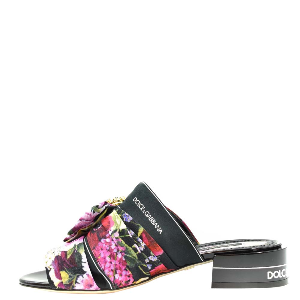 Pre-owned Dolce & Gabbana Multicolor Floral Printed Fabric Crystal Embellished Bow Open Toe Flat Mules Size Eu 36