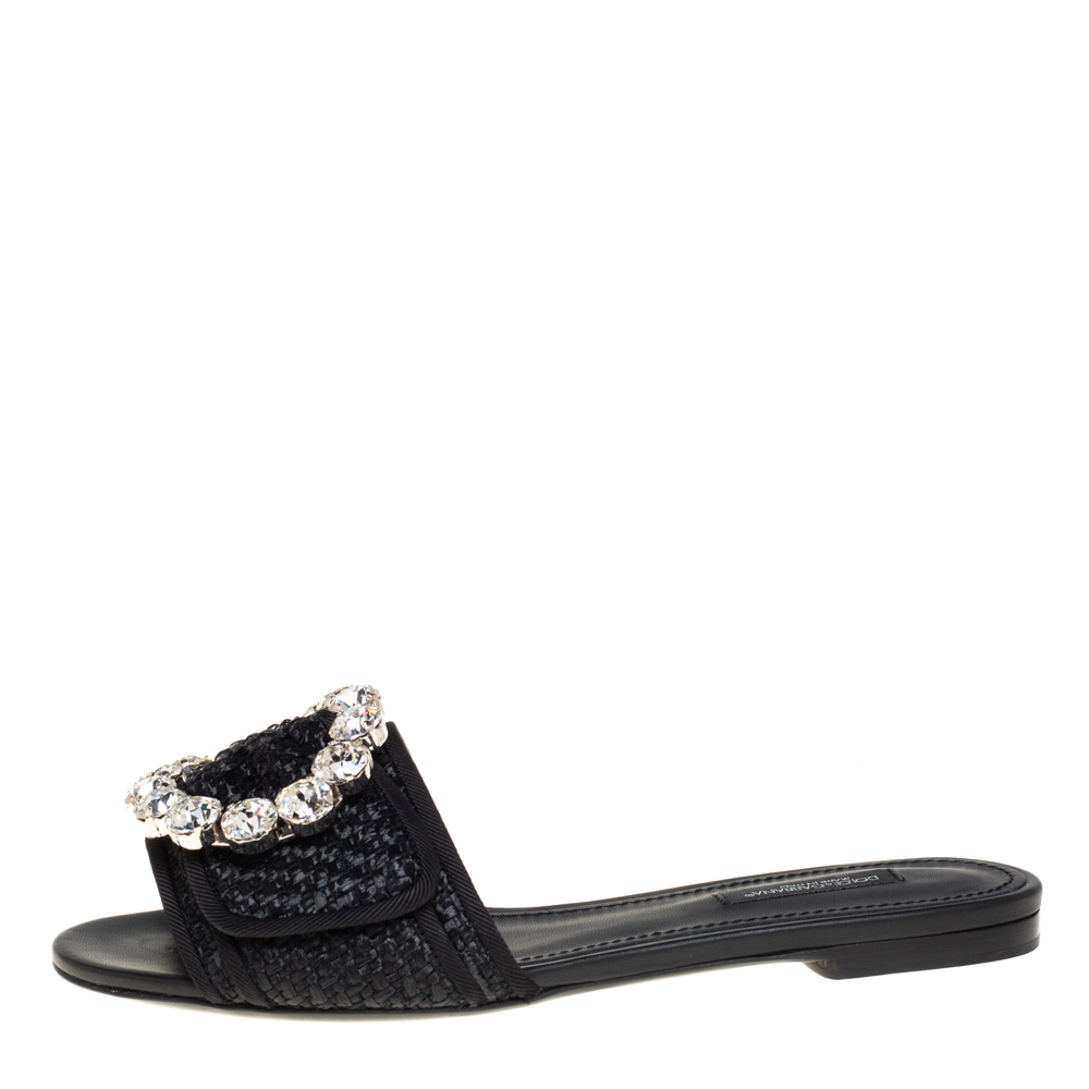 

Dolce & Gabbana Black Woven Raffia Crystal Embellished Flat Slides Size