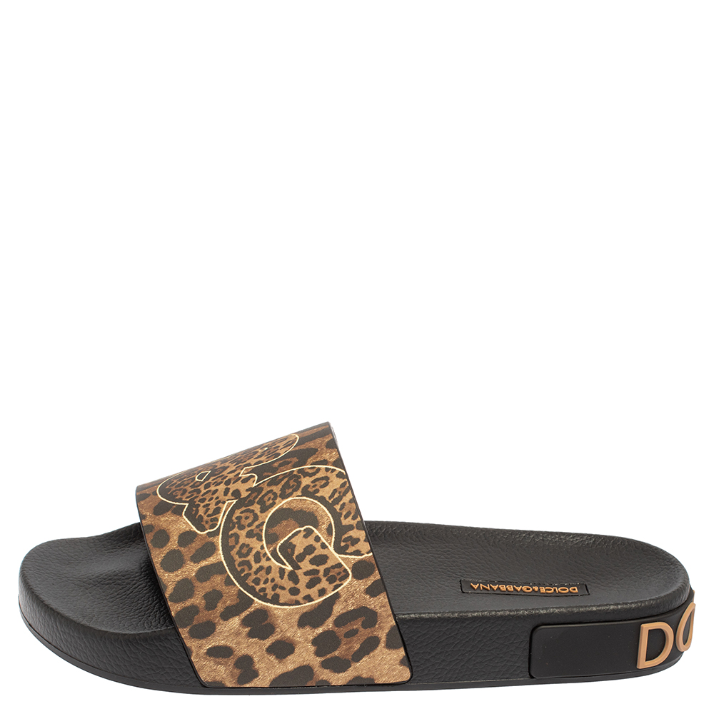 

Dolce & Gabbana Brown/Black Leopard Print Rubber Saint Barth Slide Sandals Size