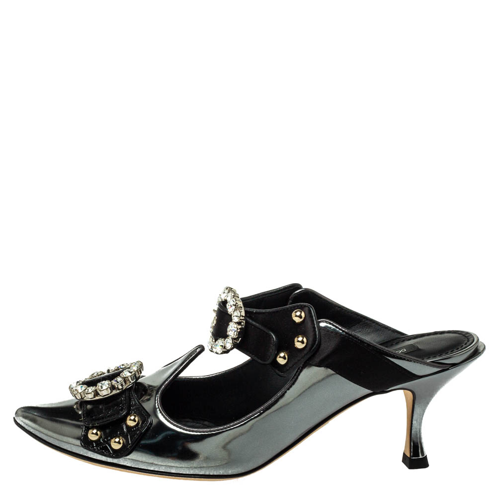 

Dolce & Gabbana Metallic Grey/Black Leather And Satin Crystal Embellished Mules Size