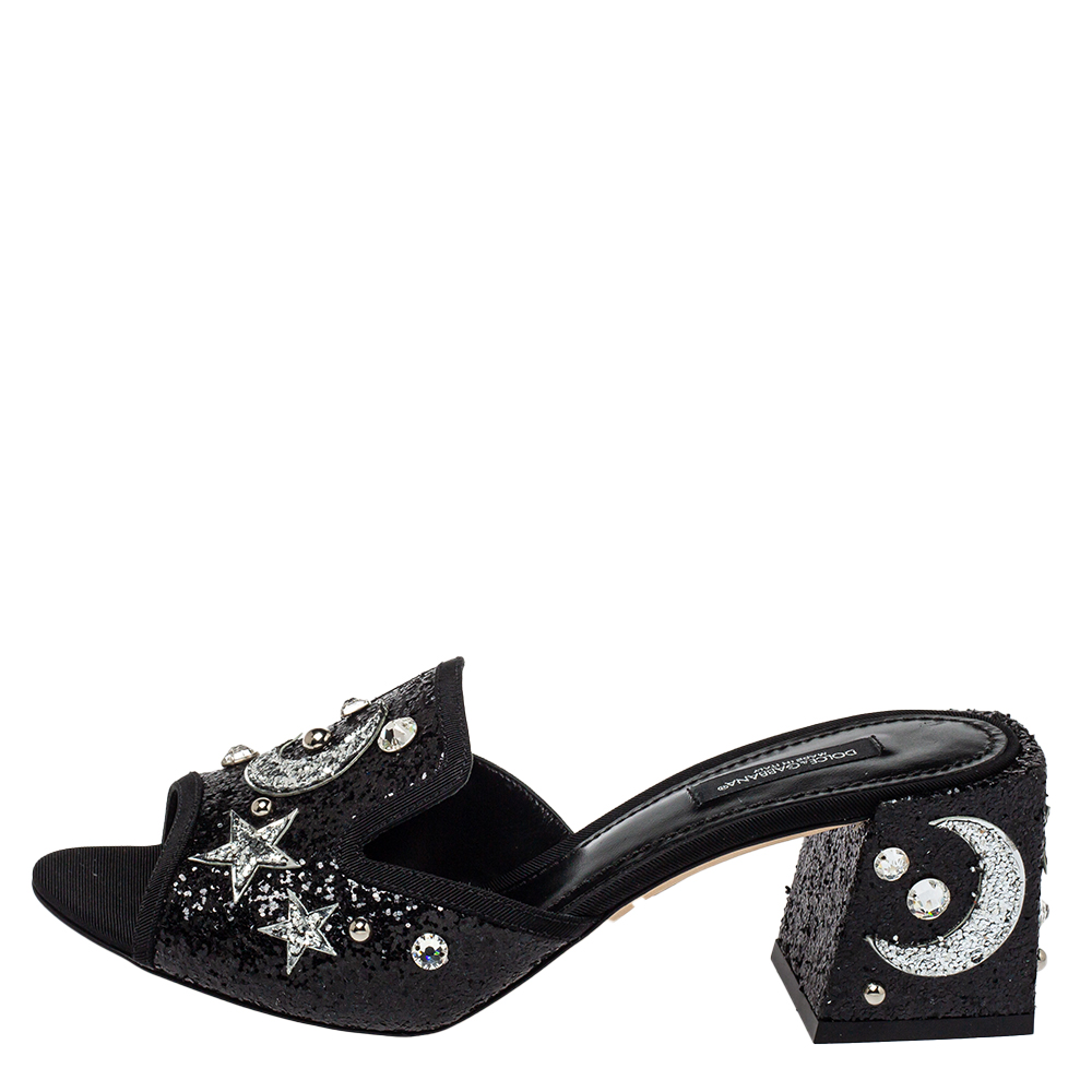 

Dolce & Gabbana Black Glitter Bianca Star And Moon Embellished Slide Sandals Size