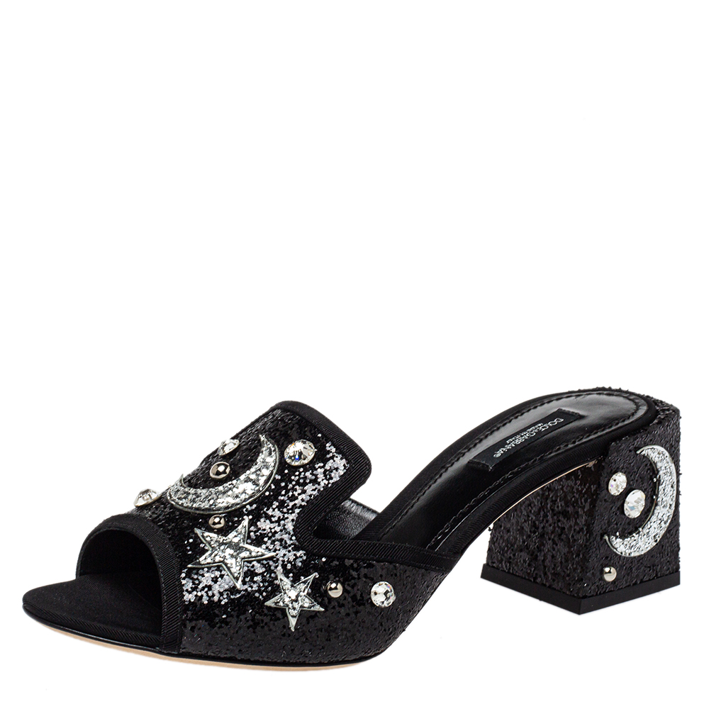 Pre-owned Dolce & Gabbana Black Glitter Bianca Star And Moon Embellished Slide Sandals Size 38