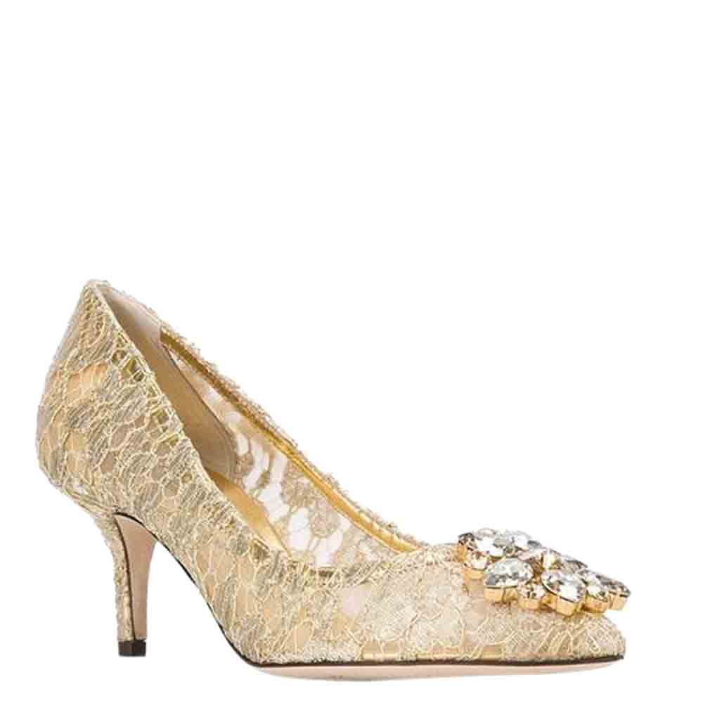 

Dolce & Gabbana Beige Taormina Lace Crstal Embellished Pumps Size