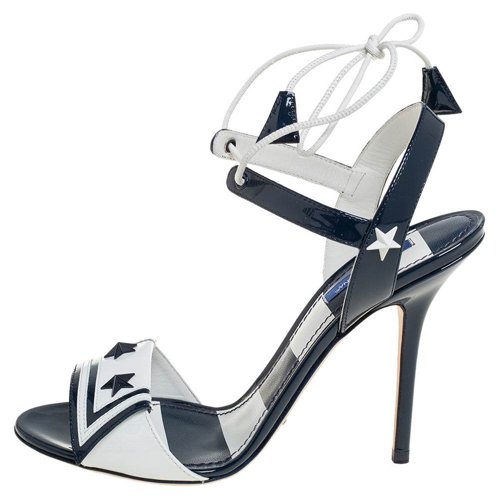 

Dolce & Gabbana Navy Blue/White Patent Leather Keira Ankle Tie Open Toe Sandals Size