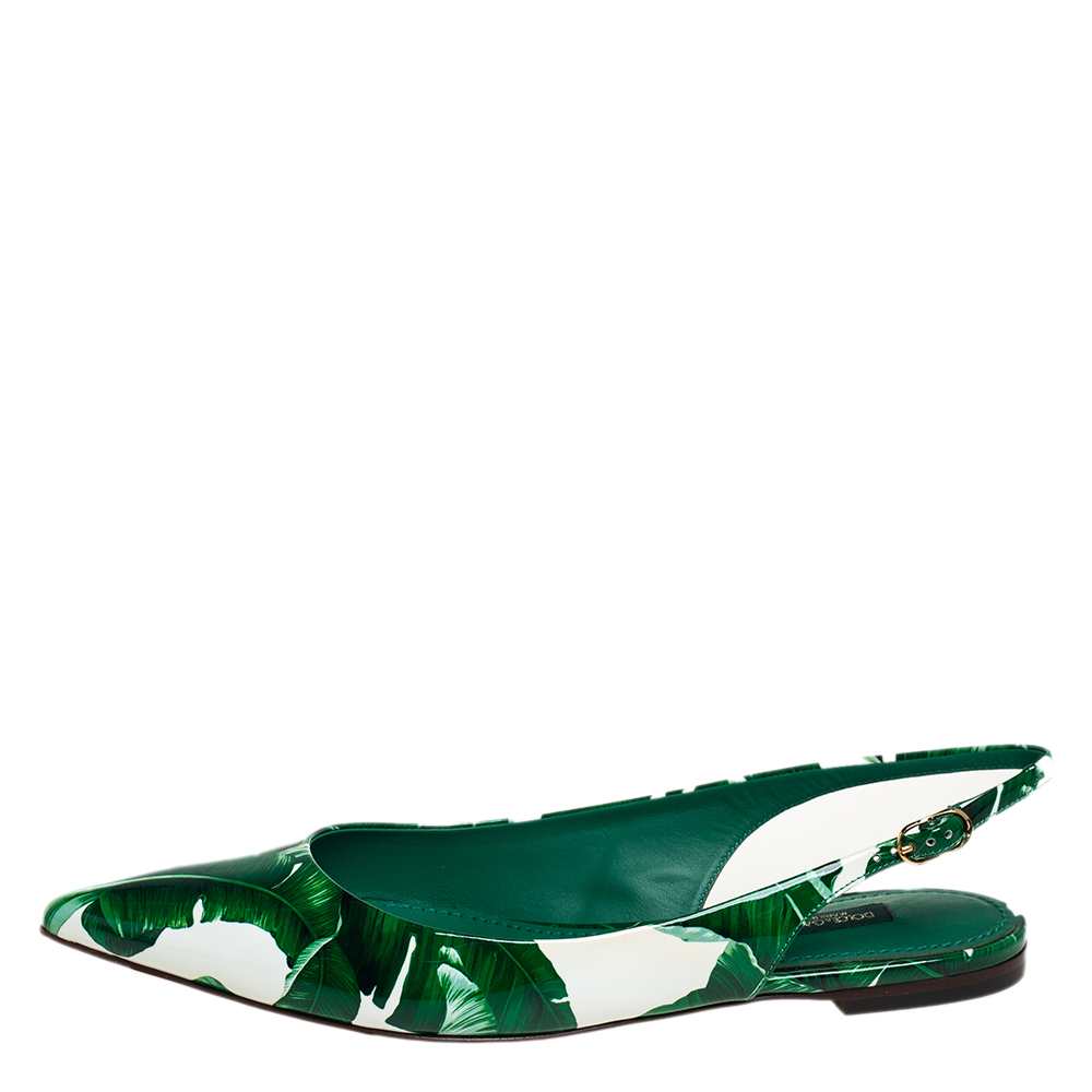 

Dolce & Gabbana White/Green Patent Leather Banana Leaf Print Slingback Flats Size