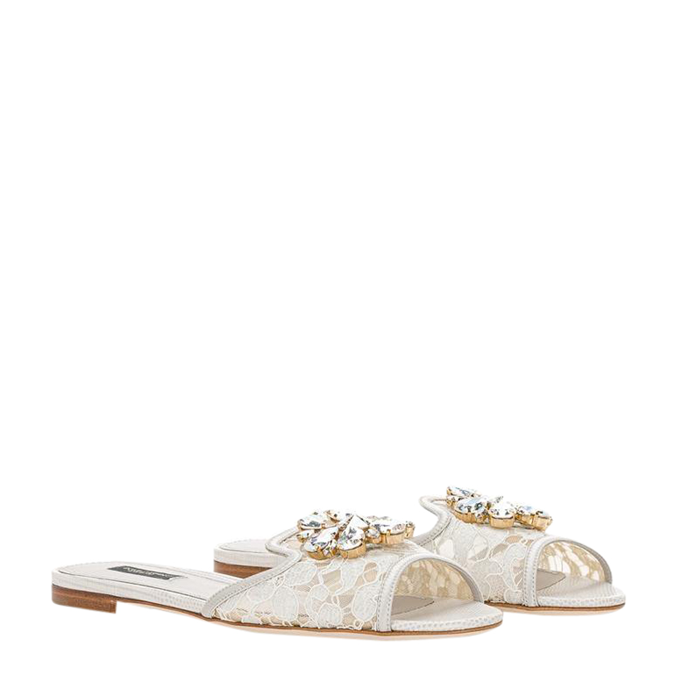 

Dolce & Gabbana White Lacy Crystal Flat Slippers Size EU