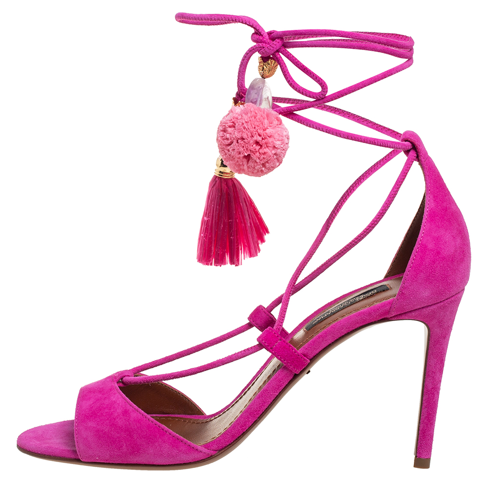 

Dolce & Gabbana Pink Suede Pom Pom Tassel Ankle Strap Sandals Size