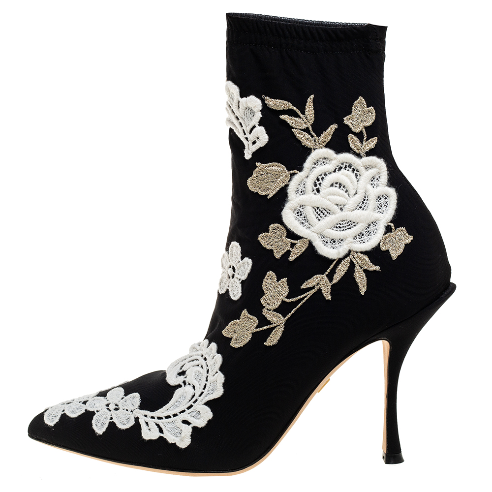 

Dolce & Gabbana Black Jersey Flower Embroidered Stretch Booties Size