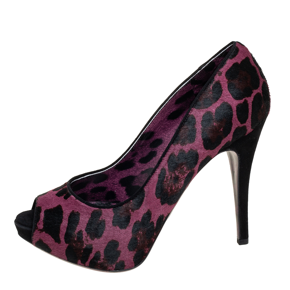 

Dolce & Gabbana Purple/Black Leopard Print Calf hair And Suede Peep Toe Platform Pumps Size