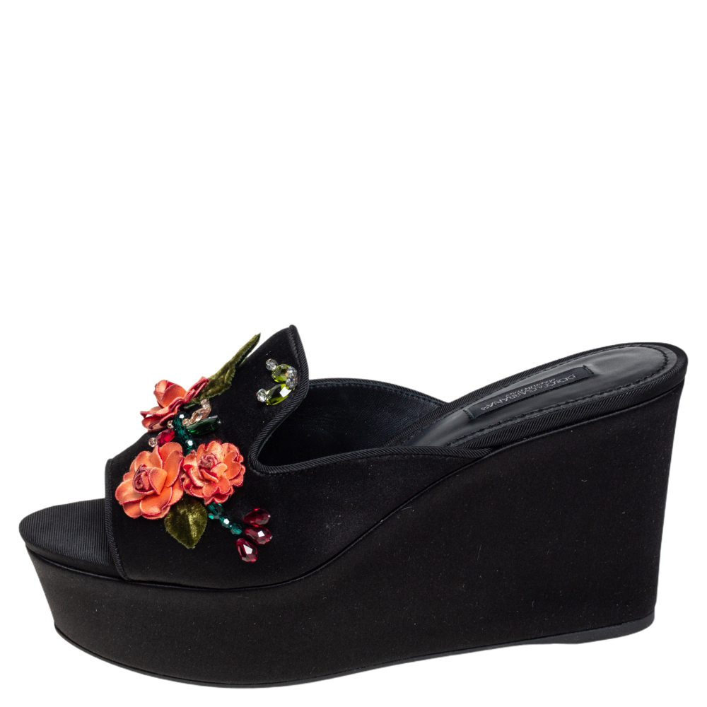 

Dolce and Gabbana Black Satin Floral Embellished Wedge Slide Sandals Size