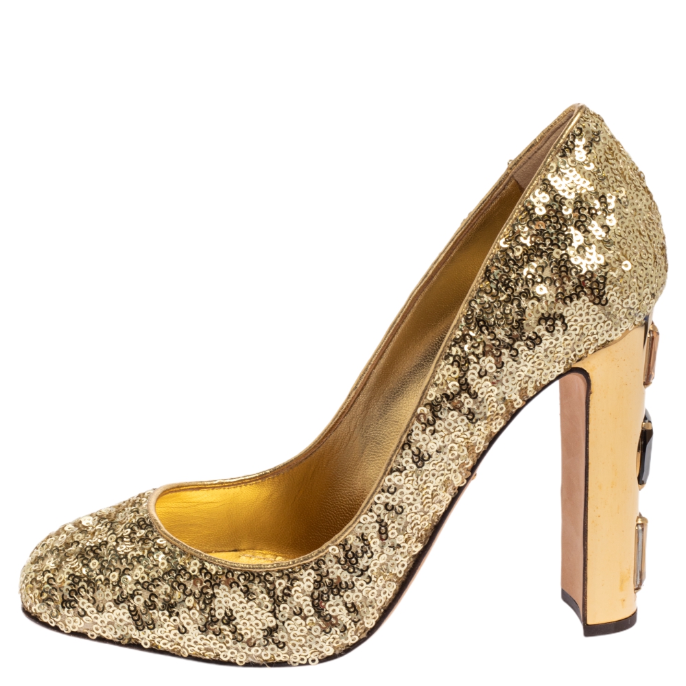 

Dolce & Gabbana Metallic Gold Sequin Crystal Studded Heel Jackie Pumps Size
