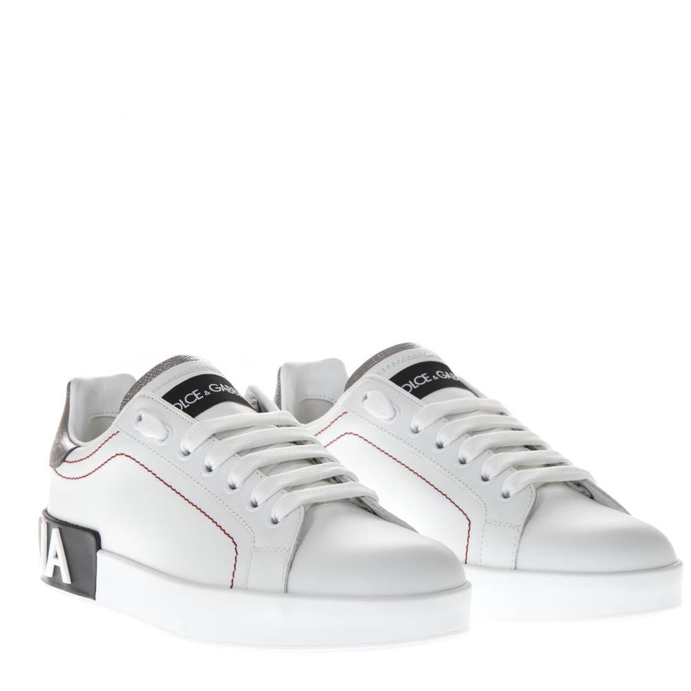 

Dolce & Gabbana White/Silver Leather Portofino Lace-Up Sneakers Size EU