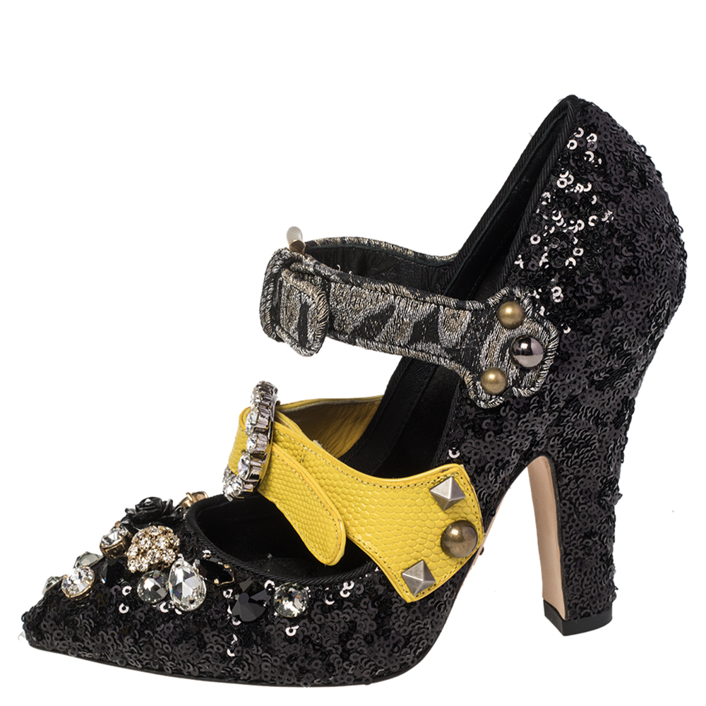 

Dolce & Gabbana Black Mixed Media Crystal Embellished Mary Jane Pumps Size