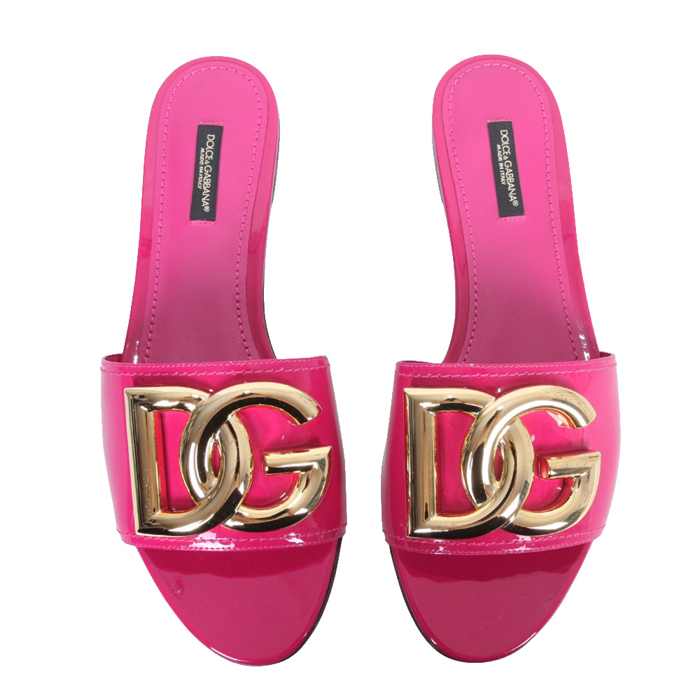 

Dolce & Gabbana Pink Patent Leather Dg Logo Slide Sandals Size IT