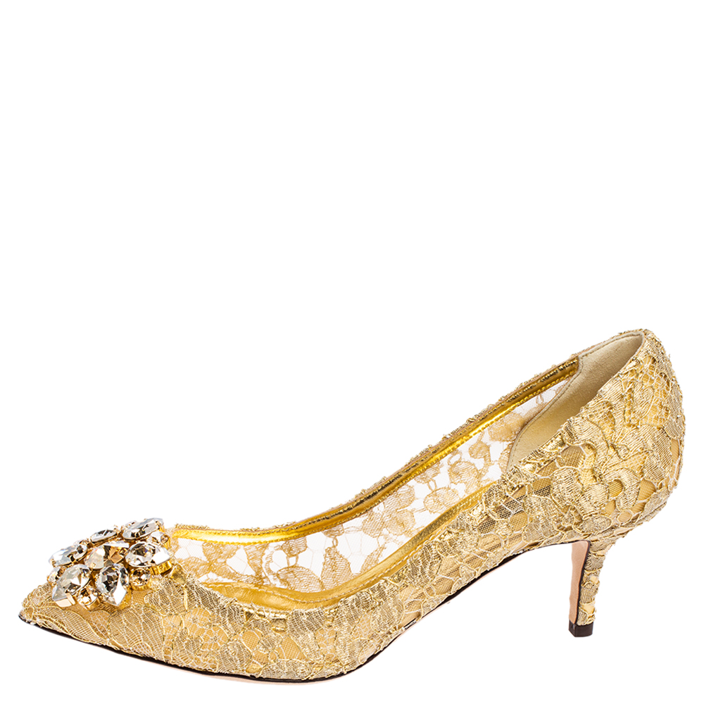 

Dolce & Gabbana Gold Lace Bellucci Crystal Embellished Pointed Toe Pumps Size