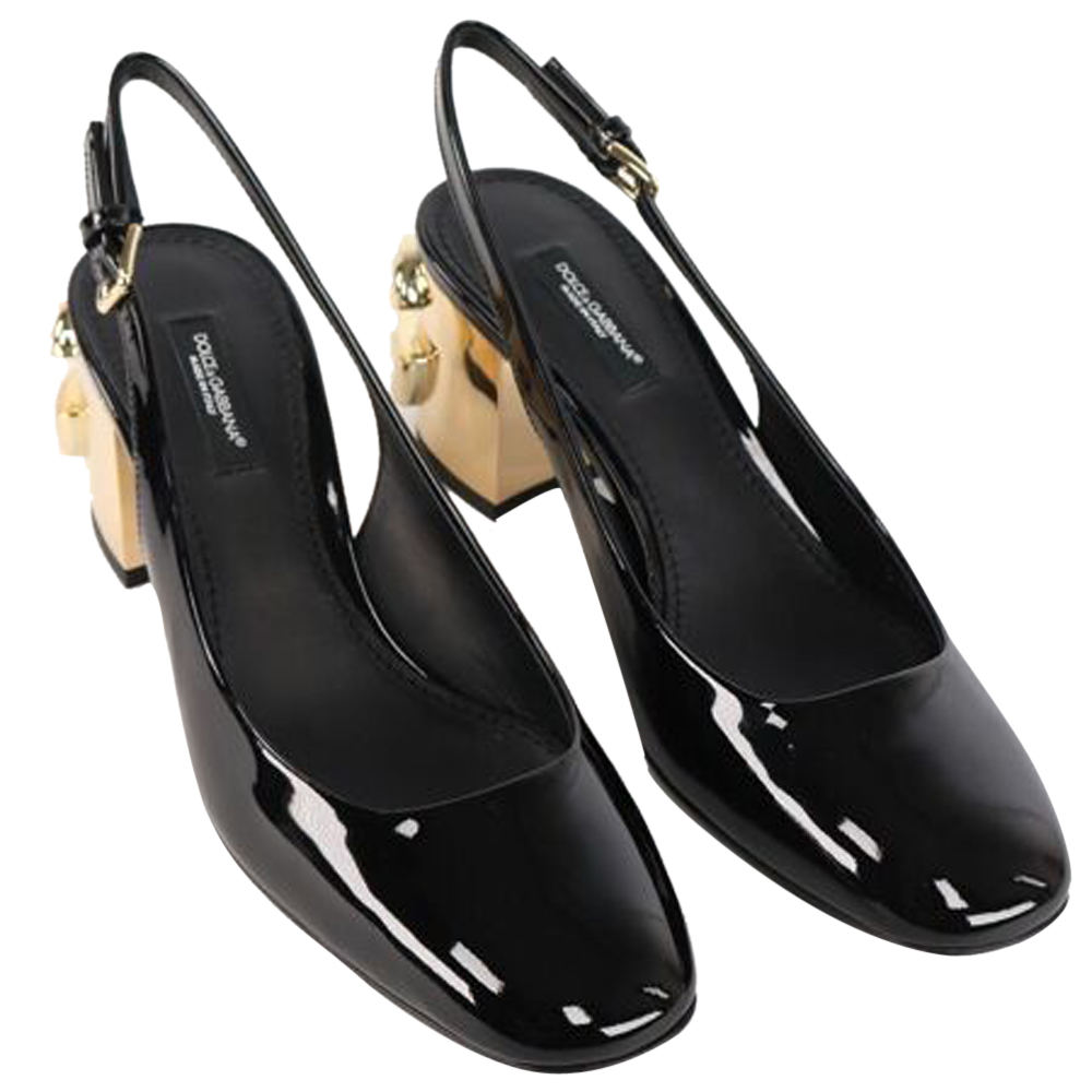 

Dolce & Gabbana Black Patent leather DG Karol heel Slingback Sandals Size EU