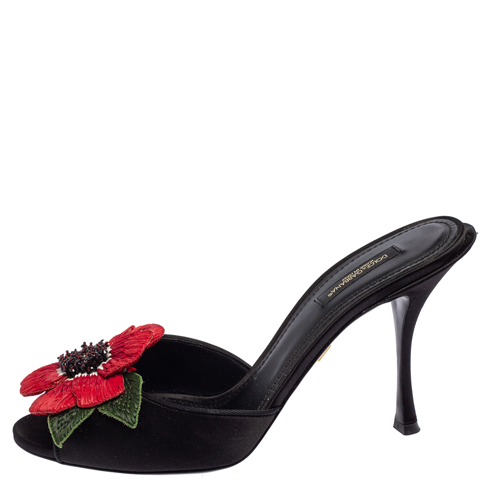 

Dolce & Gabbana Black Satin Rose Embellished Slide Sandals Size