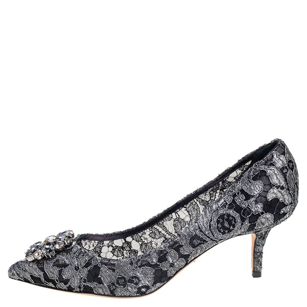 

Dolce & Gabbana Metallic Grey Lace Bellucci Pointed Toe Pumps Size