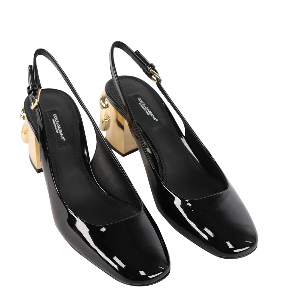 

Dolce & Gabbana Black Patent leather DG Karol heel Slingback Sandals Size