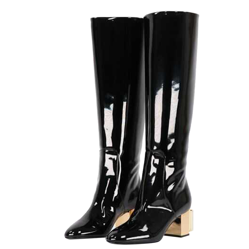 

Dolce & Gabbana Black Patent Leather And Gold DG Karol heel Boots Size
