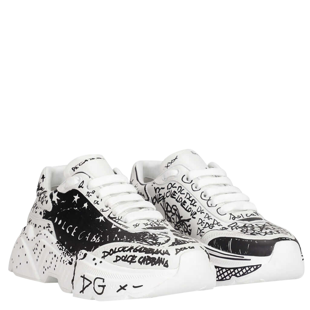 

Dolce & Gabbana Black White Hand-painted “graffiti” calfskin nappa Daymaster Sneakers Size